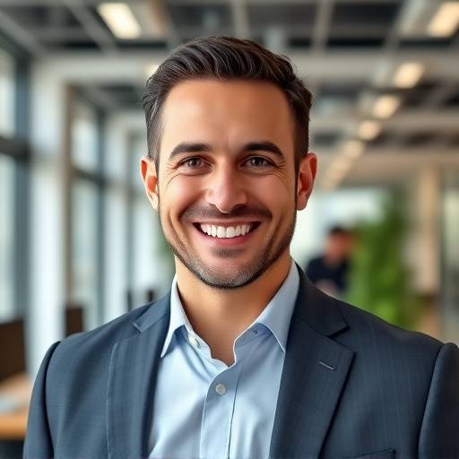 Foto del fondatore o CEO, Marco Rossi, che sorride in un ufficio moderno