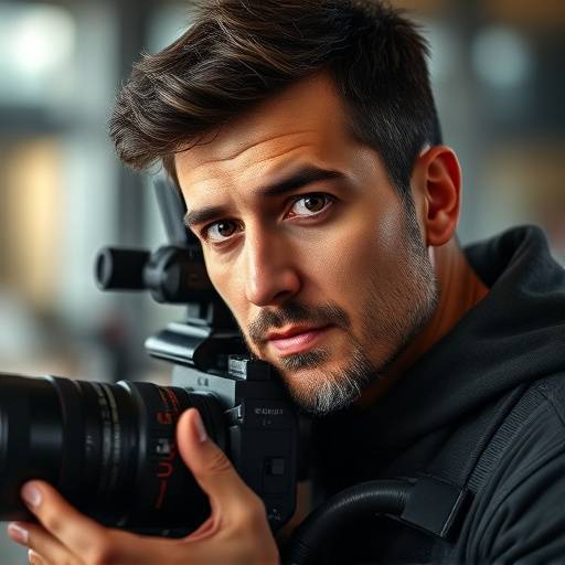 Foto di un tecnico video, Luca Verdi, con un'attrezzatura professionale